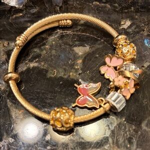 Gold and Pink Butterfly Charm Bracelet